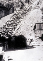 Mauthausen, 1941. La scala che collega il lager alla cava. Detenuti della compagnia di disciplina percorrono carichi di pietre i 186 gradini. Fotografia scattata dalle SS.