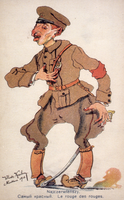 Polonia, 1918. Cartolina postale raffigurante un alfiere della rivoluzione, cioè un ebreo bolscevico denominato Il più rosso di tutti. Forse, si tratta di una caricatura di Lev Trockij. L’ufficiale sovietico raffigurato è una specie di mostro disumano e grottesco, con orecchie da topo (o meglio, da vampiro).