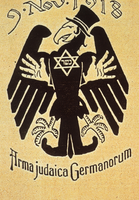Germania, anni Venti. Cartolina postale che attribuisce la rivoluzione del 9 novembre 1918 (e quindi la sconfitta della Germania, nella prima guerra mondiale) agli ebrei.