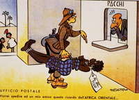 Italia, 1935-1936. Cartolina umoristica disegnata da Enrico De Seta e destinata alle truppe impegnate in Africa Orientale.
